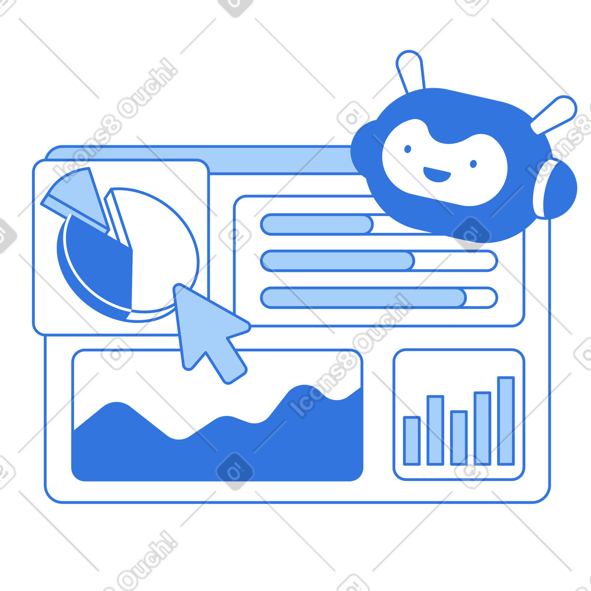 AI helper guiding analytics dashboard, Data-driven decision making illustrazione in stile Sky scarica in PNG, SVG