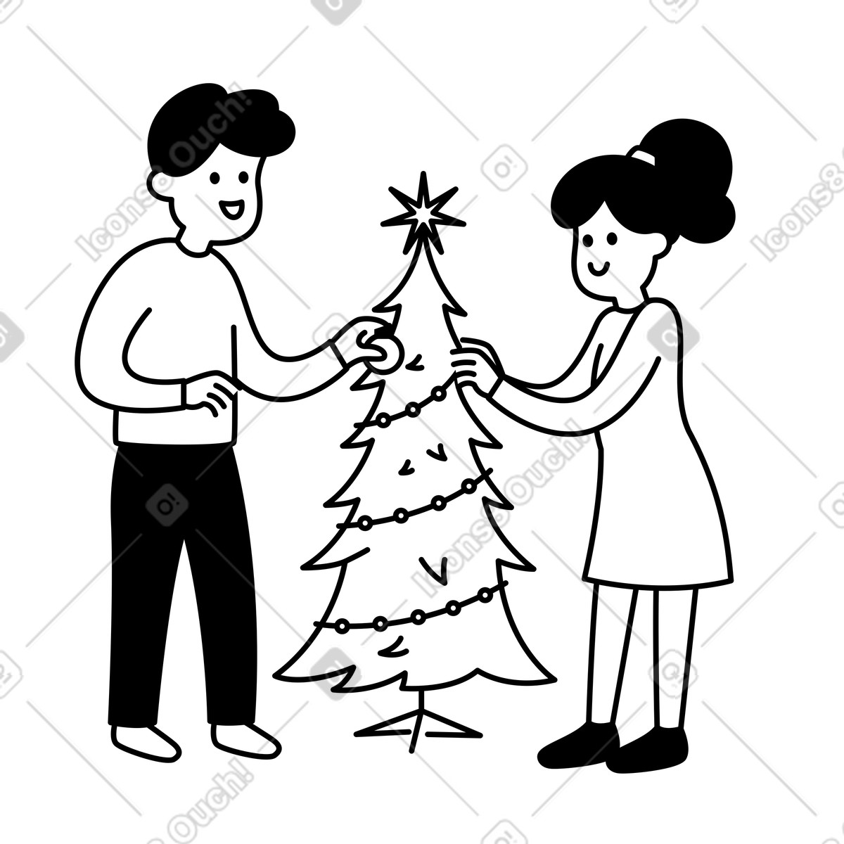 下载 Notion Line Art 风格的 Christmas tree decoration with smiling couple hanging ornaments together 插画，支持 PNG、SVG 格式