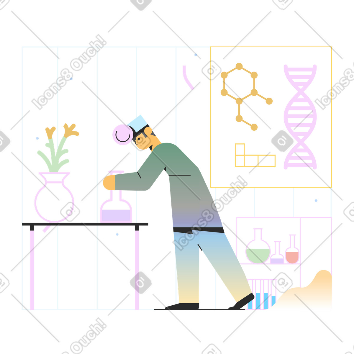 Uno scienziato che prepara un vaccino in laboratorio illustrazione stile Marginalia scarica PNG, SVG