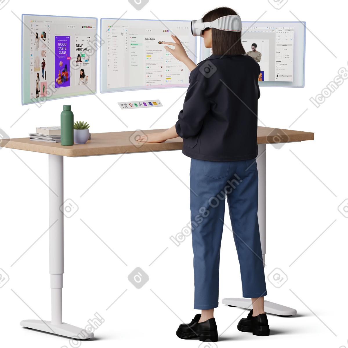 Ilustração de Young woman working at the table wearing vr glasses em no estilo 3D Hygge para baixar em PNG, SVG