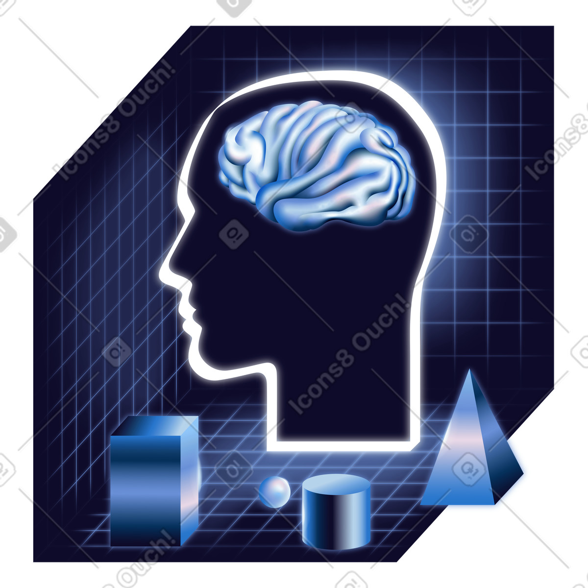 Brain inside human profile and geometric shapes, conceptual thinking intelligence illustration in Dimension style download in PNG, SVG
