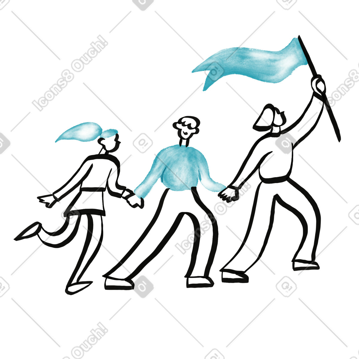 Watercolor sketch 스타일의 Leadership figure holding flag guiding team walking forward together 일러스트레이션 PNG, SVG 다운로드