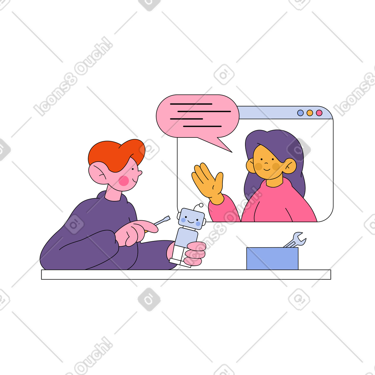 A man watching an online tutorial and building a robot illustration in Bloom style download in PNG, SVG