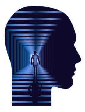 A silhouette of a head with a figure walking - Dimension style illustration