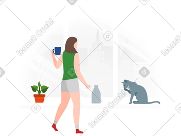 Woman drinking coffee and looking at her cat PNG, SVG