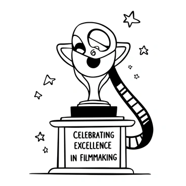 An award trophy designed as a "film reel" is placed on a wooden pedestal. The film reel features intricate details, with visible film strips elegantly coiled around it. Surrounding the trophy are decorative elements such as small "stars" and "spotlights" to symbolize the achievements of filmmakers and actors. The pedestal is engraved with the words "Celebrating Excellence in Filmmaking." The scene is designed to convey a sense of achievement and recognition in the film industry.