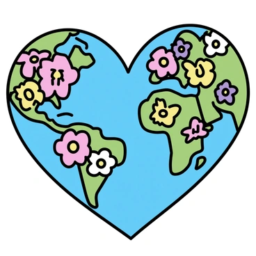 A heart-shaped Earth, with the continents intricately formed from vibrant, blooming flowers. Each continent displays a variety of colorful flowers, showcasing different shapes and sizes. The oceans surrounding the heart-shaped landmass are a clear, tranquil blue, contrasting with the rich greens and bright colors of the floral continents. The overall composition emphasizes the unique heart shape of the Earth, where nature and love for the planet intertwine visually.