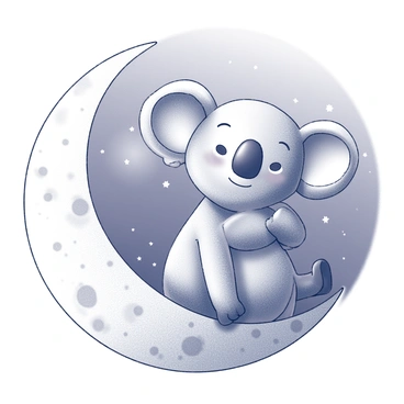 A koala sitting comfortably on a crescent moon. The creature has large, round ears and a gentle expression, with its paws resting on the moon's edge. Below, Earth is visible, showcasing continents and oceans in a clear view. The night sky is filled with a scattering of stars, creating a magical atmosphere around the scene. The moon has a textured surface with craters, adding depth to the composition.