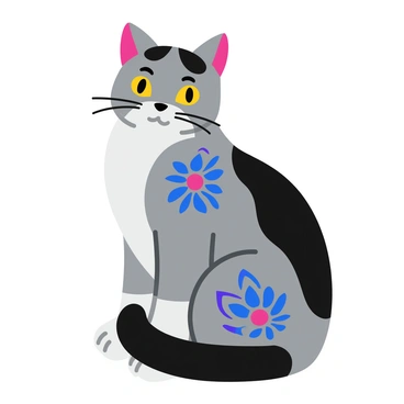 A tattoo design featuring a detailed cat with a mandala pattern seamlessly integrated into its fur. The cat is depicted in a sitting position, showcasing its graceful posture and expressive eyes. The mandala pattern consists of intricate geometric shapes and swirling lines, flowing naturally along the contours of the cat's body. The fur is illustrated in varying shades of gray and black, enhancing the contrast with the bold, vivid patterns of the mandala, which incorporates colors like blue, purple, and gold. The overall composition exudes a harmonious blend of natural elegance and artistic intricacy.