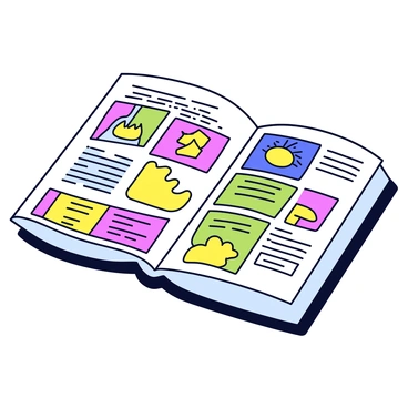 A colorful zine open to a creative layout of illustrations and text