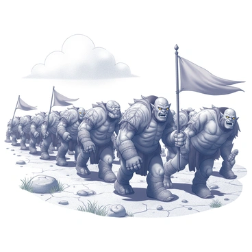 An army of orcs is marching in formation across a barren landscape. The orcs are tall and muscular, with rugged, detailed armor featuring spikes and jagged edges. Their expressions are fierce, showcasing sharp teeth and glowing eyes. The ground is cracked and dry, with scattered rocks and patches of withered grass. In the background, dark clouds loom over the scene, adding to the ominous atmosphere. Some orcs carry battered weapons, while others hold large banners that flutter in the wind. The formation is structured, with orcs positioned in rows, advancing steadily towards an unseen destination.