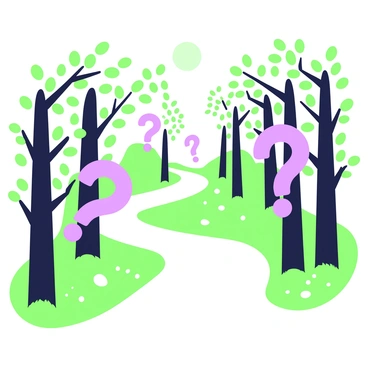 A winding forest path is surrounded by tall, slender trees with green leaves. The path curves gently ahead, lined with soft grass and scattered pebbles. Suspended from the branches of the trees are large question marks that sway slightly in the breeze, inviting curiosity and exploration. Sunlight filters through the leaves, casting dappled shadows on the ground. In the distance, the path leads deeper into the forest, beckoning the viewer to discover what lies ahead.
