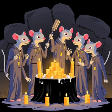 A group of Skaven, small humanoid rat-like creatures with gray fur and glowing red eyes, are gathered in a dimly lit cavern. They wear tattered robes and have various trinkets adorned on their bodies. Candles flicker around them, casting shadows on the rough stone walls. The Skaven stand around a dark altar covered with offerings, including shiny coins, crude weapons, and animal bones. One Skaven raises an ancient tome, while others chant in a hushed tone, creating a tense atmosphere of secrecy and dark power.