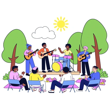 A group of four musicians stands together in a park, one playing a guitar, another with a violin, a third on drums, and the fourth singing into a microphone. The musicians are positioned on a small wooden stage. In front of them, a diverse audience is seated on picnic blankets and folding chairs, smiling and clapping along to the rhythm. Surrounding the performers and audience are green trees and colorful flowers, creating a lively atmosphere. Sunlight filters through the leaves, adding warmth to the scene.