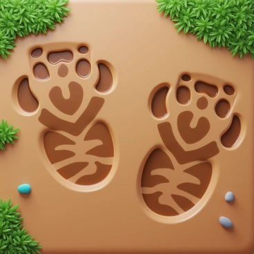 A close-up view of "zebra paws" leaving "patterned tracks" in "muddy terrain." The tracks display unique, overlapping shapes that resemble the distinctive stripes of a zebra. The mud has a wet, glossy appearance, enhancing the contrast with the white and black stripes of the zebra. Surrounding the tracks, patches of grass and small pebbles can be seen, creating a natural setting. The overall composition focuses on the details of the tracks and the texture of the muddy ground.