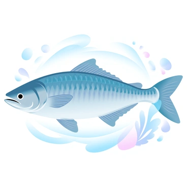 Sunlight is filtering through the clear water, creating a shimmering effect on the surface. A mackerel is swimming gracefully, its body adorned with shiny, iridescent scales that reflect the light beautifully. The play of sunlight creates patterns on the scales, enhancing their vibrant colors. Surrounding the mackerel, gentle ripples in the water add depth and movement to the scene. Bubbles are rising towards the surface, while hints of aquatic plants can be seen in the background.