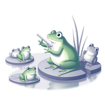 A green frog is sitting on a lily pad, holding a small bamboo flute to its mouth, producing music. The frog has large, expressive eyes and its front legs are positioned gracefully as it plays. Surrounding the main frog are several other frogs of various sizes, all looking attentively towards the musician. Some frogs are perched on nearby lily pads, while others are nestled among the reeds at the water’s edge. The background features a tranquil pond setting, with reflections of the frogs visible on the water's surface.