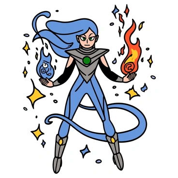 An anime character with long flowing blue hair and bright green eyes is standing in a dramatic pose. They are wearing a sleek, futuristic outfit that blends shades of blue and silver, featuring intricate patterns that suggest elemental powers. Their hands are raised, with glowing orbs of fire and ice swirling in each palm, creating a striking contrast. The character's expression is fierce and determined, showcasing their strength and focus. The background is filled with abstract elemental motifs, enhancing the sense of power surrounding them.