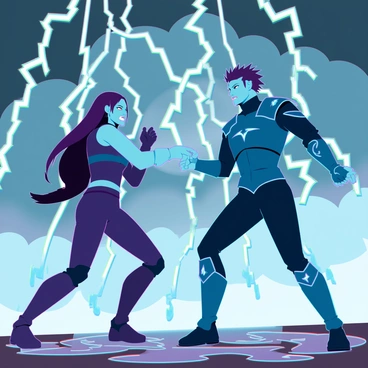 A dramatic duel occurring amidst a fierce thunderstorm. Two combatants face each other, both displaying intense expressions. Lightning bolts illuminate their figures, casting stark shadows across their determined faces. The first combatant has long, flowing hair, wearing a dark, fitted outfit with intricate designs, while the second has short, spiky hair and armor adorned with sharp edges. The rain falls heavily, creating ripples on the ground and soaking their clothing. In the background, flashes of lightning highlight a tumultuous sky filled with dark clouds. Each combatant is in an action pose, ready to strike, demonstrating the tension and energy of the moment.