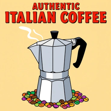 A vintage-style poster featuring a Bialetti moka pot with vibrant colors and bold text