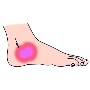 A close-up view of a human foot, with a focus on the Achilles tendon. The Achilles tendon is clearly defined and highlighted in bright red to indicate inflammation. The surrounding skin appears slightly swollen and has a subtle sheen to emphasize the irritation. The foot is positioned horizontally, showcasing the arch and toes.