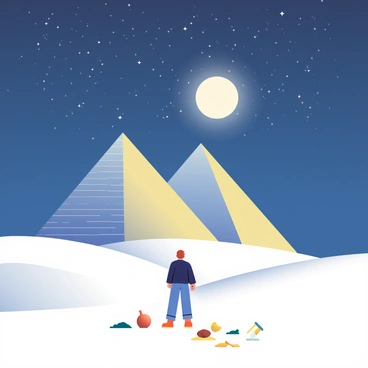 A vast desert landscape features three large pyramids, their ancient stone surfaces illuminated by the glow of a full moon. The sky above is filled with countless stars, twinkling brightly against the deep indigo backdrop. In the foreground, sand dunes gently undulate, casting soft shadows that add depth to the scene. A silhouette of a solitary figure stands in front of the pyramids, gazing up at the starry sky, surrounded by a sense of mystery and exploration. Nearby, a scattered assortment of ancient artifacts, like pottery and tools, is partially buried in the sand, hinting at the rich history of the location.
