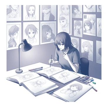 An artist sketching characters in a popular anime art style