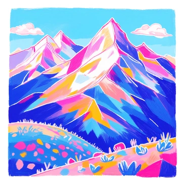A mountain range is depicted with an array of peaks that are formed by digital geometric shapes. Each peak features sharp angles and distinct lines, creating a striking contrast against the sky. The shapes vary in size and design, showcasing triangles, squares, and hexagons. The foreground includes a clear blue sky with a few fluffy white clouds drifting by. Below the mountain range, scattered greenery hints at a valley, adding depth to the scene. The lighting highlights the edges of the geometric peaks, creating a dynamic visual effect.