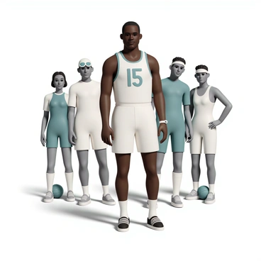 Jesse Owens, a tall African American man with a strong build, is standing proudly in the center. He is wearing a vintage athletic uniform, featuring a sleeveless top and shorts with the number "15" prominently displayed. Surrounding him are several legendary athletes from the 1930s, including a Caucasian man with a cap and goggles, representing a swimmer, and a woman with a headband and a track suit. They are all posed in an energetic stance, showcasing camaraderie and determination, with the backdrop featuring an open athletic field and vintage sports equipment scattered around, creating a nostalgic atmosphere.