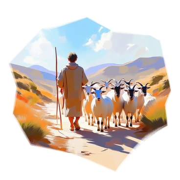 A young herder with sun-kissed skin and tousled hair is guiding a group of goats along a dusty path. The herder wears a simple brown tunic, and carries a sturdy wooden staff. The goats, varying in shades of white, brown, and black, follow closely, their ears perked and tails wagging. The path is flanked by sparse vegetation and rugged terrain, with the sun casting long shadows on the ground. In the distance, rolling hills can be seen under a clear blue sky.