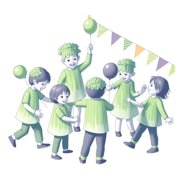 A group of children wearing costumes that resemble celery sticks is gathered together. Each child is dressed in a vibrant green outfit that mimics the appearance of celery, complete with leafy tops. They are engaging in playful activities, laughing and interacting with one another. Some children are holding party props, such as balloons shaped like vegetables. The background features colorful decorations and banners that indicate a festive atmosphere. The scene conveys a sense of joy and celebration at the costume party.