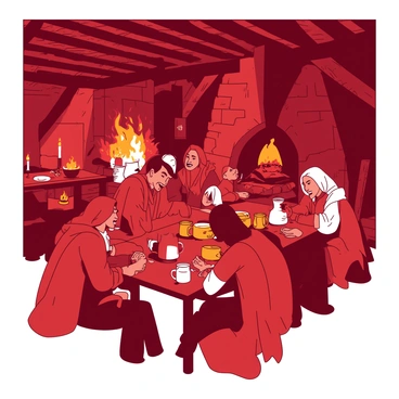 A red cozy tavern interior is filled with villagers sitting around wooden tables. Some villagers are leaning in close as they share stories, their expressions animated and lively. The warm candlelight casts a soft glow on their faces, illuminating the rustic wooden beams of the ceiling. Several jugs and mugs are scattered across the tables, some filled with a golden beverage. In one corner, there is a roaring orange fireplace, with a few villagers warming their hands in front of it. The atmosphere is inviting and filled with the sounds of laughter and conversation.