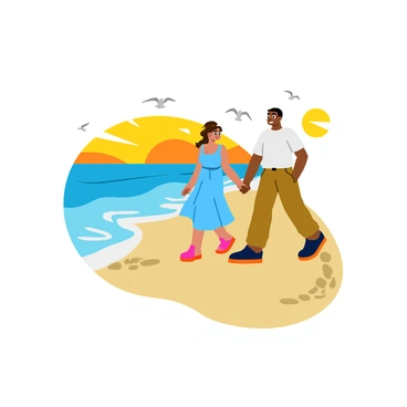 A couple walking hand in hand along a sandy beach. The woman wears a light blue sundress that flows gently in the breeze, while the man is dressed in a white t-shirt and khaki shorts. The waves lap at their feet, creating a frothy edge along the shoreline. The sun sets in the background, casting warm golden hues across the sky. Soft footprints are visible in the wet sand behind them, leading back toward the calm ocean. Seagulls can be seen flying overhead, adding to the tranquil seaside scene.
