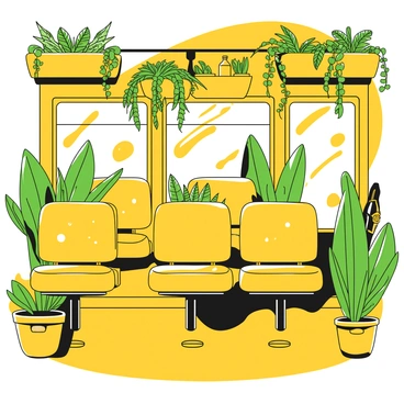 The interior of a tour bus designed with an emphasis on environmental consciousness is filled with green plants, creating a refreshing atmosphere. The seats are made from sustainable materials, showcasing a natural texture and color. Large windows allow ample natural light to illuminate the space. There are hanging planters filled with various types of foliage, while potted plants sit on the window ledges. The flooring consists of recycled materials, enhancing the eco-friendly theme. Each seat features a small pocket for eco-friendly brochures and reusable water bottles. Bright lighting highlights the natural elements throughout the bus.