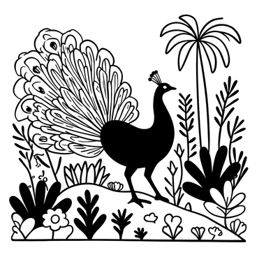 A majestic peacock with an expansive, intricately patterned tail fanned out, displaying its vibrant feathers. The peacock stands proudly amidst a lush Indian garden filled with various plants and flowers. There are large ferns and tropical foliage surrounding the peacock, creating a rich and dense environment. In the background, tall palm trees can be seen, adding height and depth to the scene. Several decorative stones and intricate pathways weave through the garden, leading towards the peacock's stance.