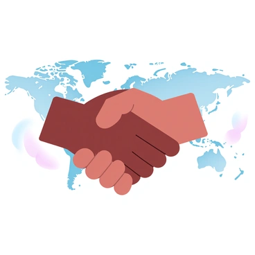 Two hands of different skin tones are shaking hands firmly. The background features a large world map that displays a variety of countries and continents in soft gradient pastel colors. The hands are positioned at the center of the image, symbolizing unity and connection. The world map behind them provides a sense of global context.