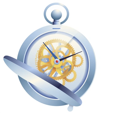An open pocket watch is displayed prominently, showcasing its intricately designed mechanical gears and springs. The metal casing of the watch is polished silver, reflecting soft light. The gears are a mix of gold and brass, with delicate engravings visible on their surfaces. Small, precise springs are interwoven among the gears, creating a complex and fascinating pattern. The watch face features Roman numerals marking the hours, and the hands are elegantly shaped, pointing towards the current time. The background is lightly blurred to emphasize the detailed craftsmanship of the pocket watch.