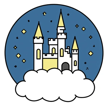 A grand castle with tall turrets and intricate stonework is floating on a fluffy white cloud. The castle's windows are illuminated, casting a warm glow against the night sky. Surrounding the castle, numerous twinkling stars are scattered across a deep navy blue backdrop, creating a sense of wonder and magic. The cloud underneath the castle has soft, rounded shapes, enhancing the ethereal feel of the scene.