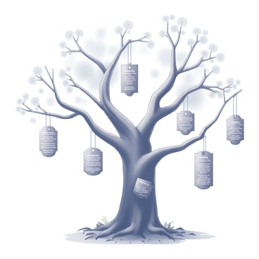 A large, sturdy tree with a thick trunk and sprawling branches extending outward. Hanging from the branches are several engraved plaques, each one delicately swinging in the breeze. The plaques vary in shape and size, with inscriptions that tell stories of cherished memories. The ground beneath the tree is covered with scattered leaves, and there are small roots protruding from the earth. The atmosphere is quiet and reflective, invoking a sense of connection to the memories represented on the plaques.
