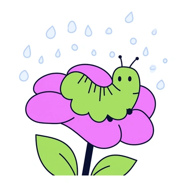 A green caterpillar with tiny hair-like extensions is perched on a vibrant pink flower petal, which it is using as an umbrella. The petal is slightly curved and has droplets of water on its surface, indicating a light drizzle. Small droplets are falling from the sky, creating a misty atmosphere around the caterpillar, while the background features soft, blurred green leaves. The caterpillar's eyes are focused forward as it holds onto the petal, showcasing its determination to stay dry.