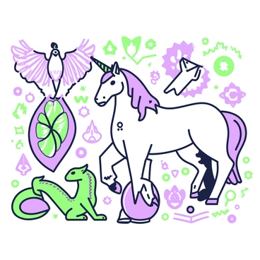 A master board displays a collection of mythical creatures. In the center, a unicorn with a spiraled horn stands gracefully, its mane flowing. To the left, a griffin perches, showcasing its eagle-like head and lion-like body, with wings slightly spread. Below the unicorn, a dragon with scales and outstretched wings curls around a shimmering orb. A phoenix rises in the background, its feathers elegantly fanned out as it soars. Surrounding these creatures are intricate patterns and symbols, enhancing the mythical theme of the illustration.