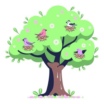 A majestic tree stands tall with a thick trunk and a wide canopy, adorned with numerous blossoms. The tree's branches extend outward, creating a lush and inviting habitat. Among its branches, several colorful birds are nesting, showcasing vibrant plumage in various shades. The nests are intricately woven, blending seamlessly with the flowers surrounding them. Below the tree, the ground is covered with fallen petals, adding to the picturesque scene. Sunlight filters through the leaves, casting dappled shadows on the ground.