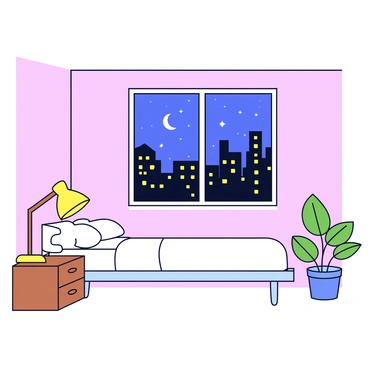 A bedroom with soft pastel-colored walls. The room features a large window that showcases a romantic cityscape at night, with twinkling lights from buildings and a clear starry sky. There is a cozy bed with fluffy white bedding positioned against one wall. Beside the bed, a wooden nightstand holds a small lamp casting a warm glow. A potted plant sits in the corner, adding a touch of greenery to the room.