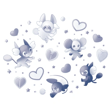 A detailed scene filled with whimsical characters and intricate patterns. Several unique figures are present, including a small creature with oversized ears and a happy expression, dancing among swirling shapes and playful line designs. There are various geometric patterns, reminiscent of hearts and stars, interspersed throughout the composition. Each character interacts with the patterns, creating a lively atmosphere as they leap or curl around the designs. The entire page is teeming with playful energy, showcasing a diverse array of imaginative forms and motifs.