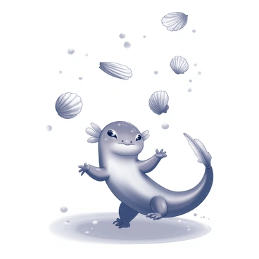 An axolotl is positioned in the water, showcasing its unique features such as external gills and a soft body. It is balancing on its tail in a playful manner. Above its head, several seashells of varying shapes and sizes are suspended in the water, as if being juggled. The water surrounding the axolotl has a subtle texture, with bubbles rising around it. The seashells appear to have intricate patterns and textures, enhancing the visual interest of the scene. The overall composition captures the dynamic action of juggling in an underwater environment.