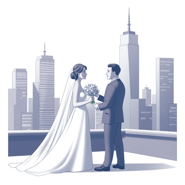 A bride standing on a rooftop, dressed in a flowing wedding gown. She holds a bouquet of flowers in one hand. The other hand is raised as she exchanges vows with her partner. In the background, multiple tall skyscrapers rise against the skyline. The scene captures the moment of commitment against an urban backdrop filled with architectural details and windows reflecting the surrounding environment. The atmosphere conveys a sense of intimacy amidst the bustling city.