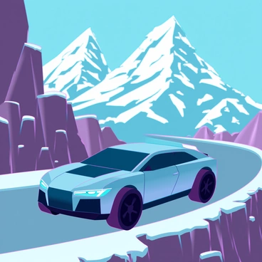 A powerful express car climbing a steep mountain road with snow-capped peaks