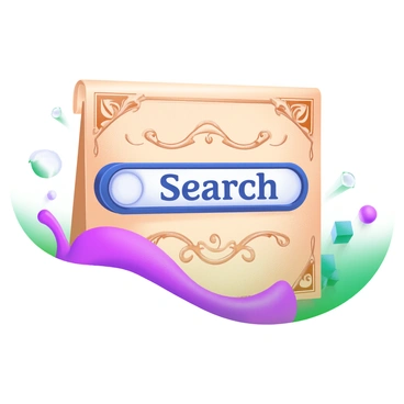A search bar featuring the words "Search" in an ornate vintage font. The bar is surrounded by decorative elements such as intricate swirls and floral motifs. The color palette includes warm tones like soft browns and muted golds, creating an antique feel. The background showcases a textured surface that enhances the retro theme, resembling aged parchment.