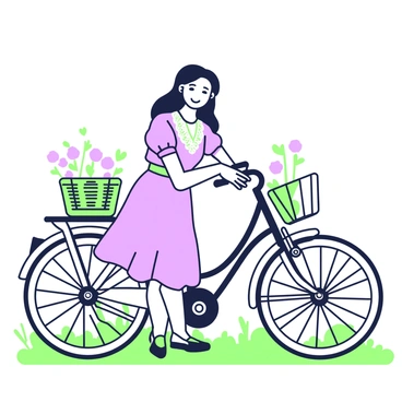 A girl with long, wavy hair is posing next to an old-fashioned bicycle. She is wearing a pastel vintage dress adorned with delicate lace details and puffed sleeves. Her shoes are classic and complement the outfit. The bicycle has a wicker basket attached to the front, and it features a curved frame with elegant detailing. The girl is smiling softly, with one hand resting on the bicycle's handlebars while the other is playfully touching her hair. Soft grass and a few blooming flowers can be seen in the background, adding to the nostalgic atmosphere.