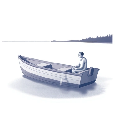 An empty fishing boat is gently gliding over calm water, making its way back to shore. In the boat, a fisherman sits with a solemn expression, gazing out over the water. His posture reflects sadness, with his shoulders slightly slumped. The boat is small and wooden, with faded paint and fishing gear scattered around. In the background, a distant shoreline is visible, with silhouettes of trees lining the coast. The sky above is clear and vast, creating a sense of solitude in the scene.